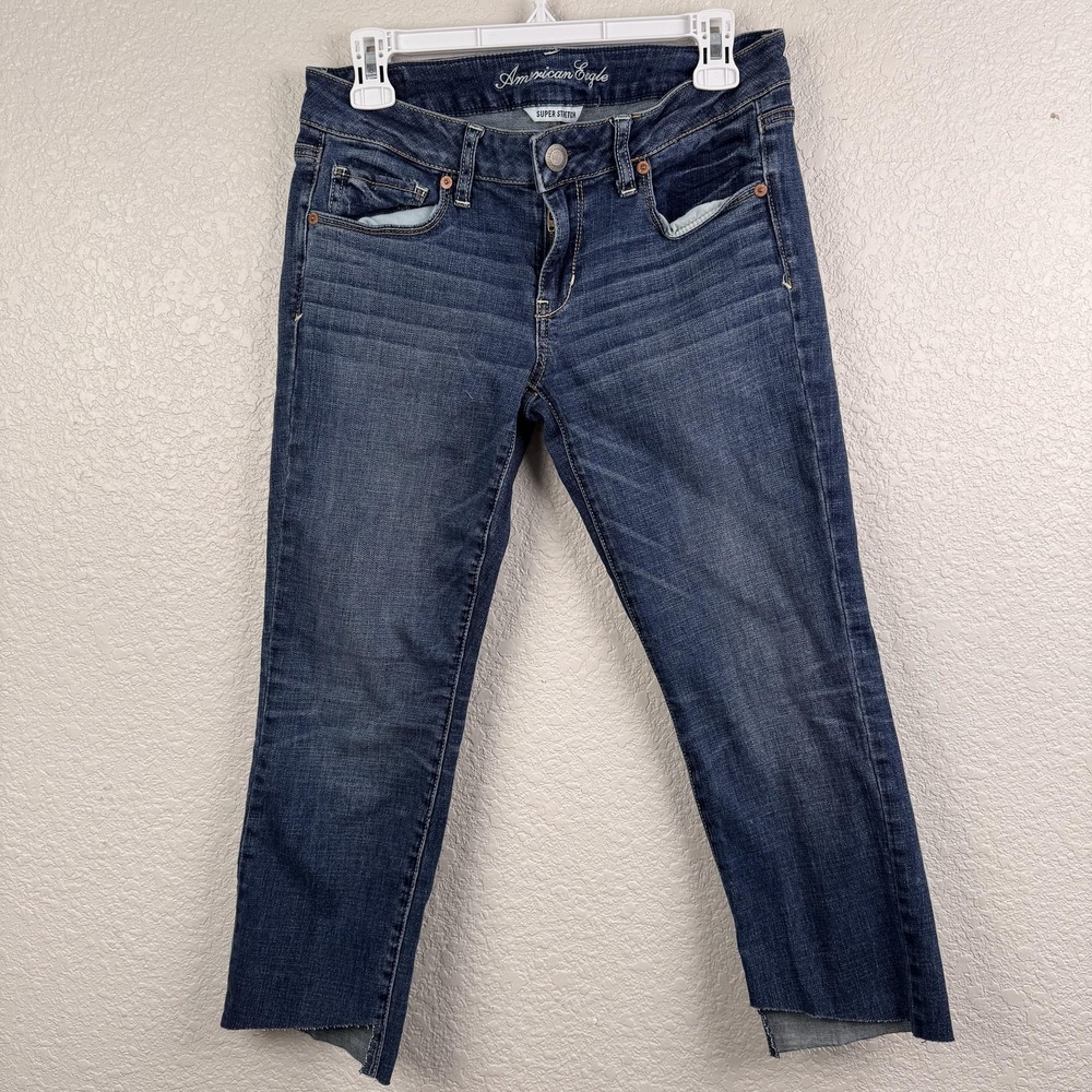 American Eagle Jeans Womens 8 (31x23) Short Blue Skinny Super Stretch Raw Hem